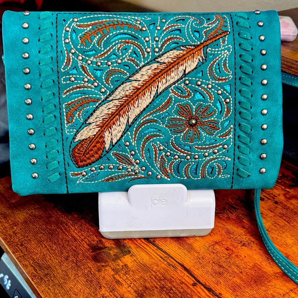 Embroidered Teal Shoulder Bag